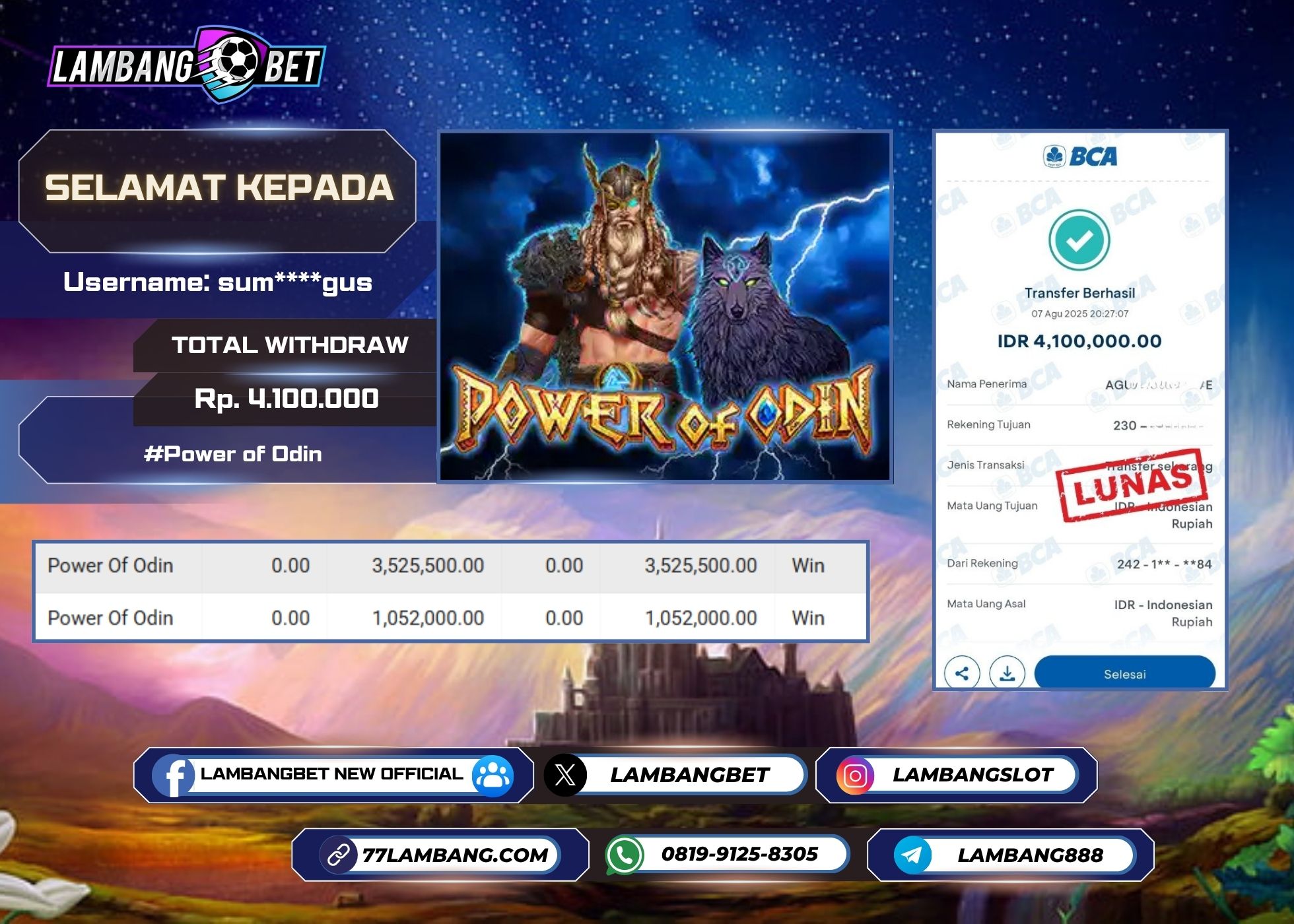 LAMBANGBET [7 AUGUST 2025] JACKPOT SLOT Power of Odin "Rp4.100.000" LUNAS